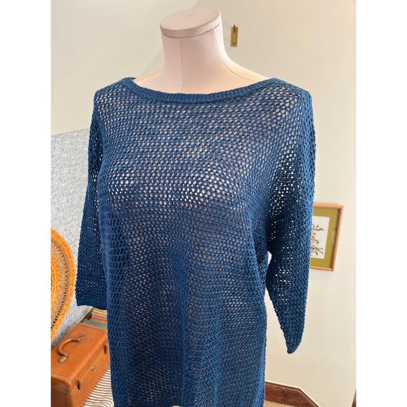 J Jill Blue‎ Linen Blend Open knit Sweater Size Medium Coastal Grandma Tunic - Picture 2 of 6